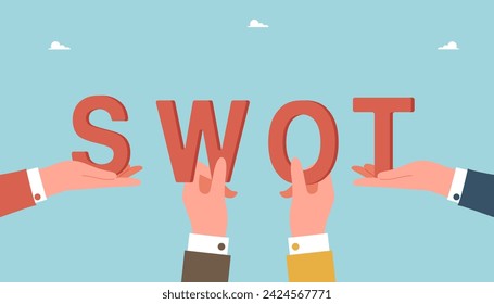 SWOT analysis, brainstorming to set goals, SWOT analysis team working on opportunity list, strategic planning, implementing business analysis tools, project management, hands holding letters SWOT.
