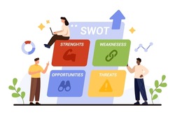 SWOT analysis for company strategy, infographic diagram presentation with four elements. Tiny people compare strength and weakness, opportunity and threat in SWOT matrix cartoon vector illustration