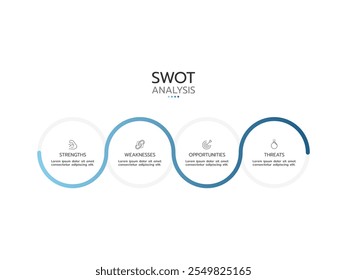 Concepto de análisis FODA con información de tabla de Anuncio en caja grande para Anuncio de Plantilla de infografía con cuatro íconos e información de lista.