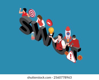 SWOT Analysis Concept with Business Characters and Symbols 3d isometric vector illustration