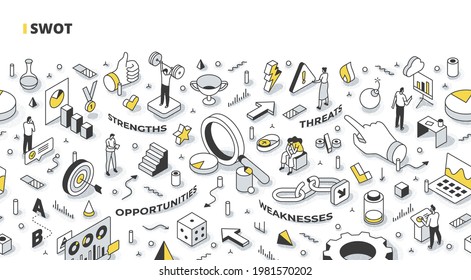 Concepto de análisis SWOT. Desarrollar la estrategia de la empresa, definiendo y organizando fortalezas, debilidades, oportunidades y amenazas. Proceso de planificación empresarial. Ilustración isométrica de esquema