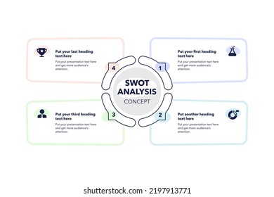 Swot analysis concept with four steps and place for your description. Flat infographic design template for website or presentation.