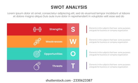 concepto de análisis de swot con para banner de plantilla de infografía con un gran rectángulo de diseño izquierdo de cuatro puntos de información de lista vector