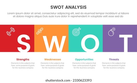 concepto de análisis de swot con para banner de plantilla infográfica con cuadrado de ancho completo y etiqueta de título información de lista de cuatro puntos vector
