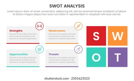 swot analysis concept infographic template banner with rectangle box container and square shape with 4 point list information vector