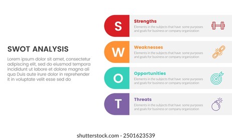 swot analysis concept infographic template banner with round rectangle box on right layout with 4 point list information vector