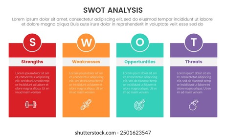 swot analysis concept infographic template banner with box table with header badge and circle with 4 point list information vector