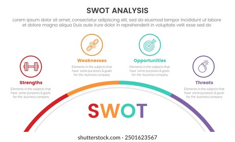 Concepto de análisis SWOT Infografía Anuncio de Plantilla con fondo de semicírculo con punto de contorno con lista de 4 puntos Información Vector