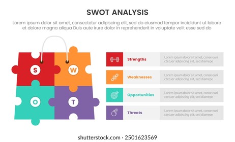 Concepto de análisis DAFO Infografía Anuncio de Plantilla con rompecabezas de rompecabezas en el bolso de compras con 4 lista de puntos Información Vector