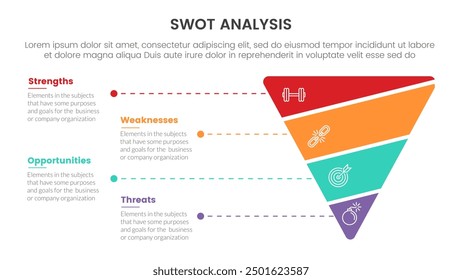 swot analysis concept infographic template banner with funnel reverse pyramid shape slice 4 point list information vector