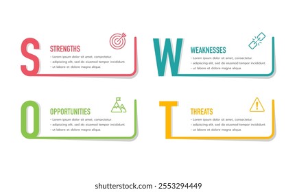Concepto de análisis FODA Plantilla infográfica. Diseño separado por letras. Presentación, Marco, Plan y Estrategia. Ilustración vectorial.