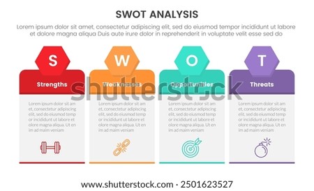 swot analysis concept infographic template banner with table box with hexagon header with 4 point list information vector