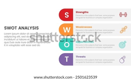 swot analysis concept infographic template banner with round rectangle box on right layout with 4 point list information vector