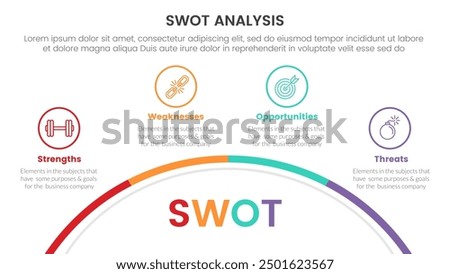 swot analysis concept infographic template banner with half circle bottom with outline point with 4 point list information vector