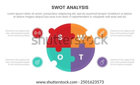 swot analysis concept infographic template banner with puzzle jigsaw big circle center with 4 point list information vector