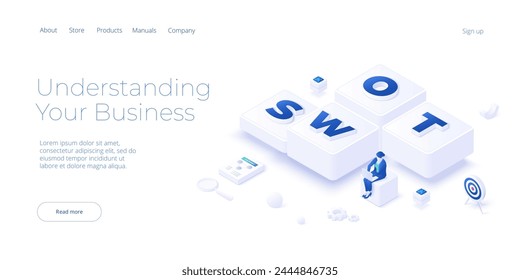 SWOT analysis concept in isometric vector design. Corporate strategic planning illustration. Company sthrength, opportunity, advantage and disadvantage. Web banner layout.