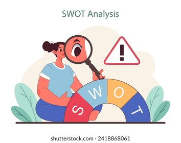 SWOT Analysis concept. A strategic planner examines strengths, weaknesses, opportunities, and threats closely. Flat vector illustration.