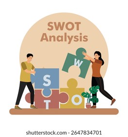 conceito de análise SWOT. Duas pessoas montando peças de quebra-cabeça rotuladas SWOT, representando um conceito de análise de negócios realizado colaborativamente dentro das equipes.