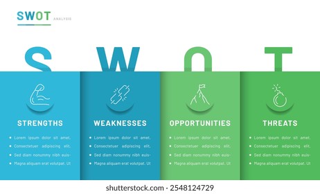 SWOT analysis consists of four consecutive stages: strengths, weaknesses, opportunities, threats. It can be used as a presentation slide