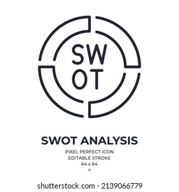 Icono de contorno de trazo editable del diagrama de análisis SWOT aislado en la ilustración plana del vector de fondo blanco. Pixel perfecto. 64 x 64.	