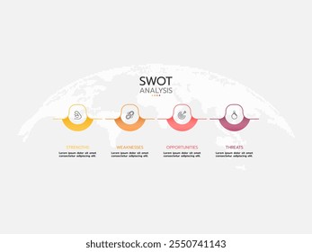 SWOT-Analysediagramm mit vier Themen und Symbolen, flache Business-Infografik-Vorlage.