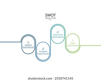 Diagrama de análisis FODA con cuatro temas e íconos, Plantilla de infografía de negocios plana.