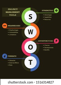 Swot analysis evolution chart with explanations and main objectives - project management tools