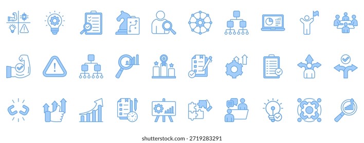 Symbolsatz für die Swot-Analyse. Enthält Symbole, die für das Unternehmen relevant sind. Konzipiert in Vektor linear blau Stil
