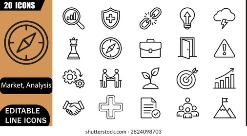 SWOT analysis icons set, 20 editable line art icons set, strategy, planning, business, opportunity, risk management, consulting, business growth, SWOT planning theme style, clean outline vector
