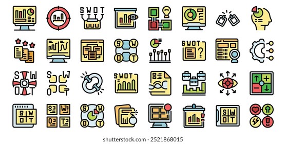Iconos de análisis de Swot que muestran oportunidades, amenazas, debilidades y fortalezas para los marketers que crean un Plan de negocios