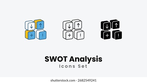 SWOT Analysis Icons thin line, Black Glyph, Colored Line vector icon stock illustration