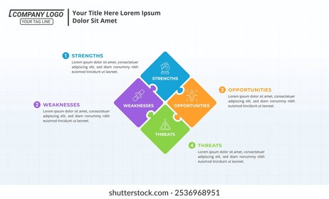 Infografía de análisis FODA con 4 pasos en un diseño 16:9 para presentaciones comerciales, administración y evaluación.