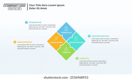 SWOT Analysis Infographic with 4 Steps on a 16:9 Layout for Business Presentations, Management, and Evaluation.