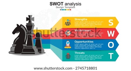 Swot analysis infographic with chess pieces, business strategy concept, strategic planning, arrow boxes for strengths, weaknesses, opportunities, and threats, modern design template.