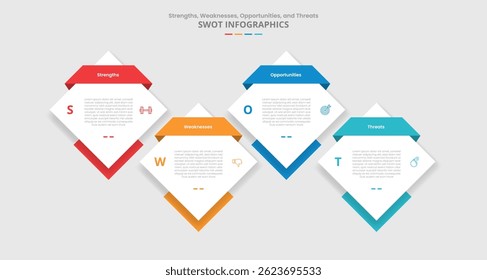 SWOT analysis for infographic with drop shadow style with diamond up and down on timeline horizontal with 4 point list information vector
