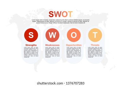 SWOT analysis infographic with flat design of 4 monotone color in vector. Modern swot analysis banner with world map