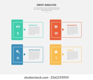SWOT analysis infographic outline style with 4 point template with sharp rectangle shape with vertical badge on edge for slide presentation vector