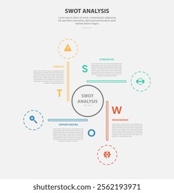 SWOT analysis infographic outline style with 4 point template with circle center and long line with cycle circular shape for slide presentation vector