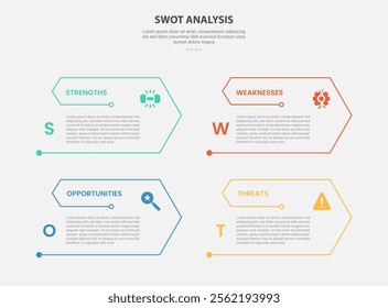 SWOT analysis infographic outline style with 4 point template with arrow edge with open slice shape for slide presentation vector