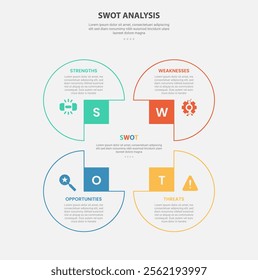 SWOT analysis infographic outline style with 4 point template with circle container on square base line for slide presentation vector