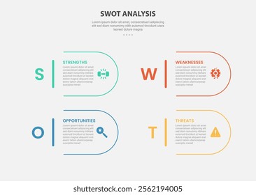 SWOT analysis infographic outline style with 4 point template with round rectangle container with big number for slide presentation vector