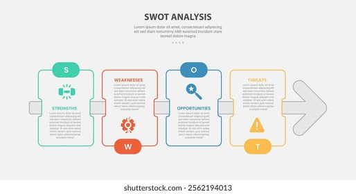 SWOT analysis infographic outline style with 4 point template with rectangle box with arrow line through for slide presentation vector