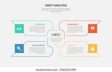 SWOT analysis infographic outline style with 4 point template with big rectangle arrow container spreading center for slide presentation vector