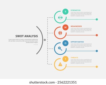 SWOT analysis infographic outline style with 4 point template with big circle vertical structure line connection for slide presentation vector