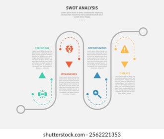 SWOT analysis infographic outline style with 4 point template with roadway journey up and down on line direction for slide presentation vector