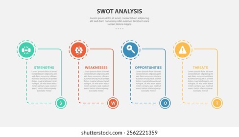 SWOT analysis infographic outline style with 4 point template with box container with circle and bottom header accessories for slide presentation vector