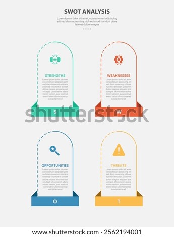 SWOT analysis infographic outline style with 4 point template with vertical round box container with rectangle header bottom for slide presentation vector