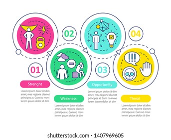 SWOT analysis infographic template. Business presentation design elements. Data visualization with 4 steps and options. Process timeline chart. Workflow layout with linear icons