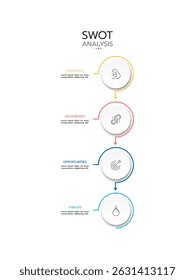 
Modelo infográfico de análise SWOT com quatro seções retangulares verticais conectadas com um contorno de gradiente. Cada seção é rotulada como "PONTOS FORTES", "PONTOS FRACOS", "OPORTUNIDADES" ou "AMEAÇAS".