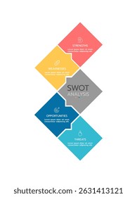 SWOT analysis infographic template featuring four vertical, connected hexagons with a gradient outline. Each hexagon is labeled "STRENGTHS," "WEAKNESSES," "OPPORTUNITIES," or "THREATS,".